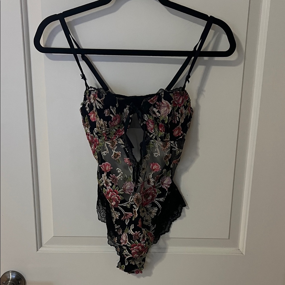 Victoria's Secret Black Floral Lace Bodysuit